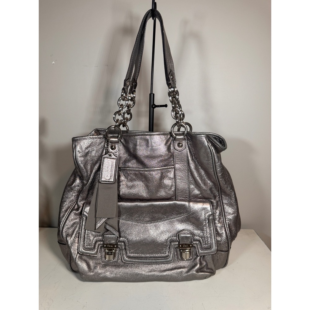 Coach Poppy Camelia Pushlock Metallic Silver Leather Shoulder Bag Tote 17924